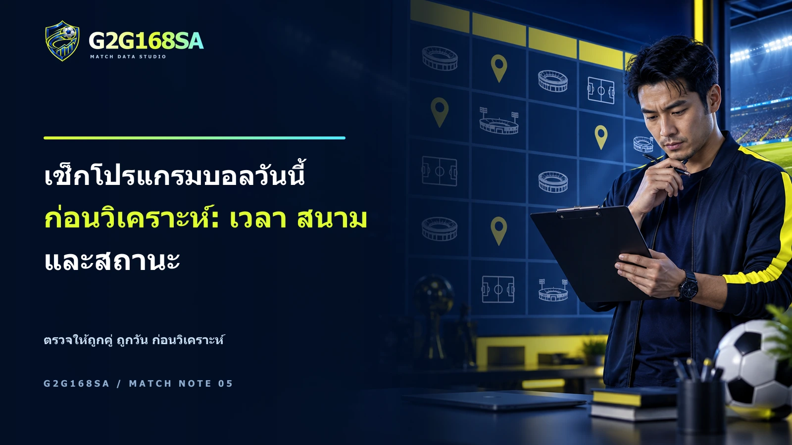 ภาพโฆษณา G2G168SA มีพรีเซ็นเตอร์และข้อความ headline เช็กโปรแกรมบอลวันนี้ก่อนวิเคราะห์: เวลา สนาม และสถานะ